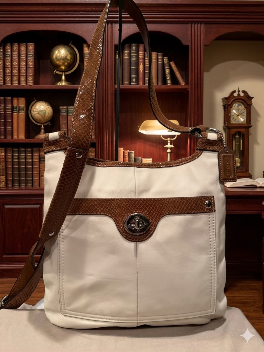Vintage Coach Penelope Cream Leather & Brown Snakeskin Turnlock Crossbody Bag